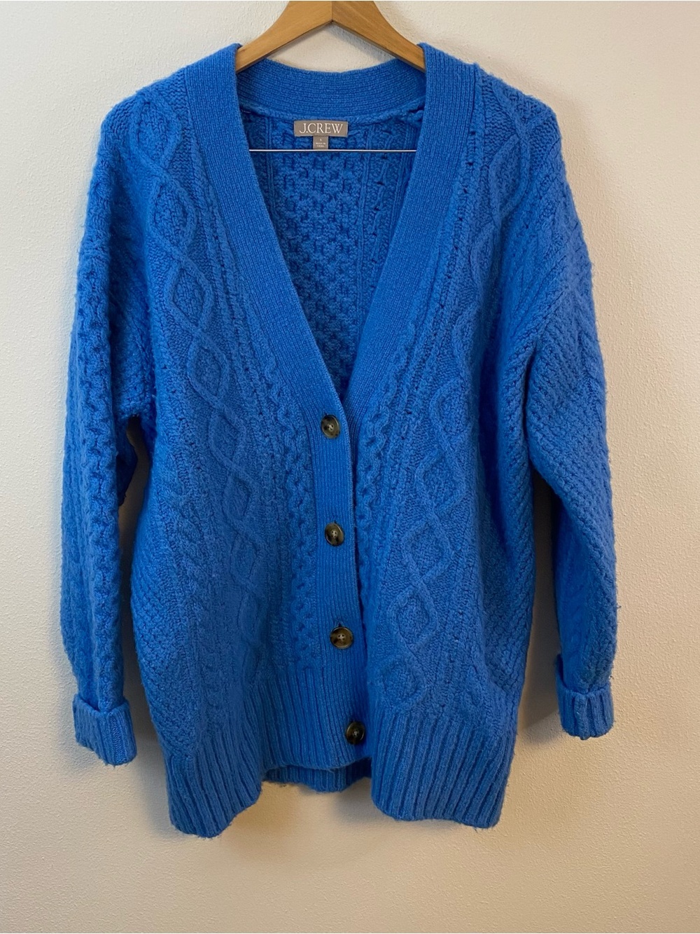 J Crew Merino Wool Blend Cable Knit Oversized Blue Cardigan Sweater Womens Smal